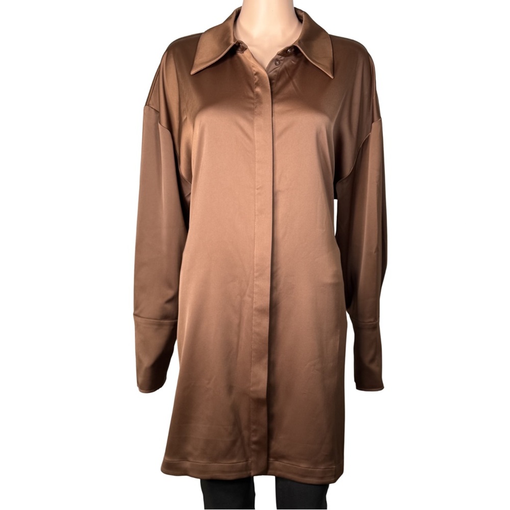 Sofia Richie x Bar III Brown Satin Button Down Shirt Dress Tie Waist XL NWT